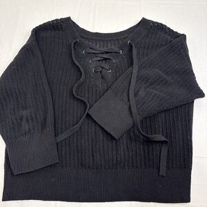 SWEATER WOMENS LARGE Gap For Good Black Cotton Open Knit Lace Up Tie Back